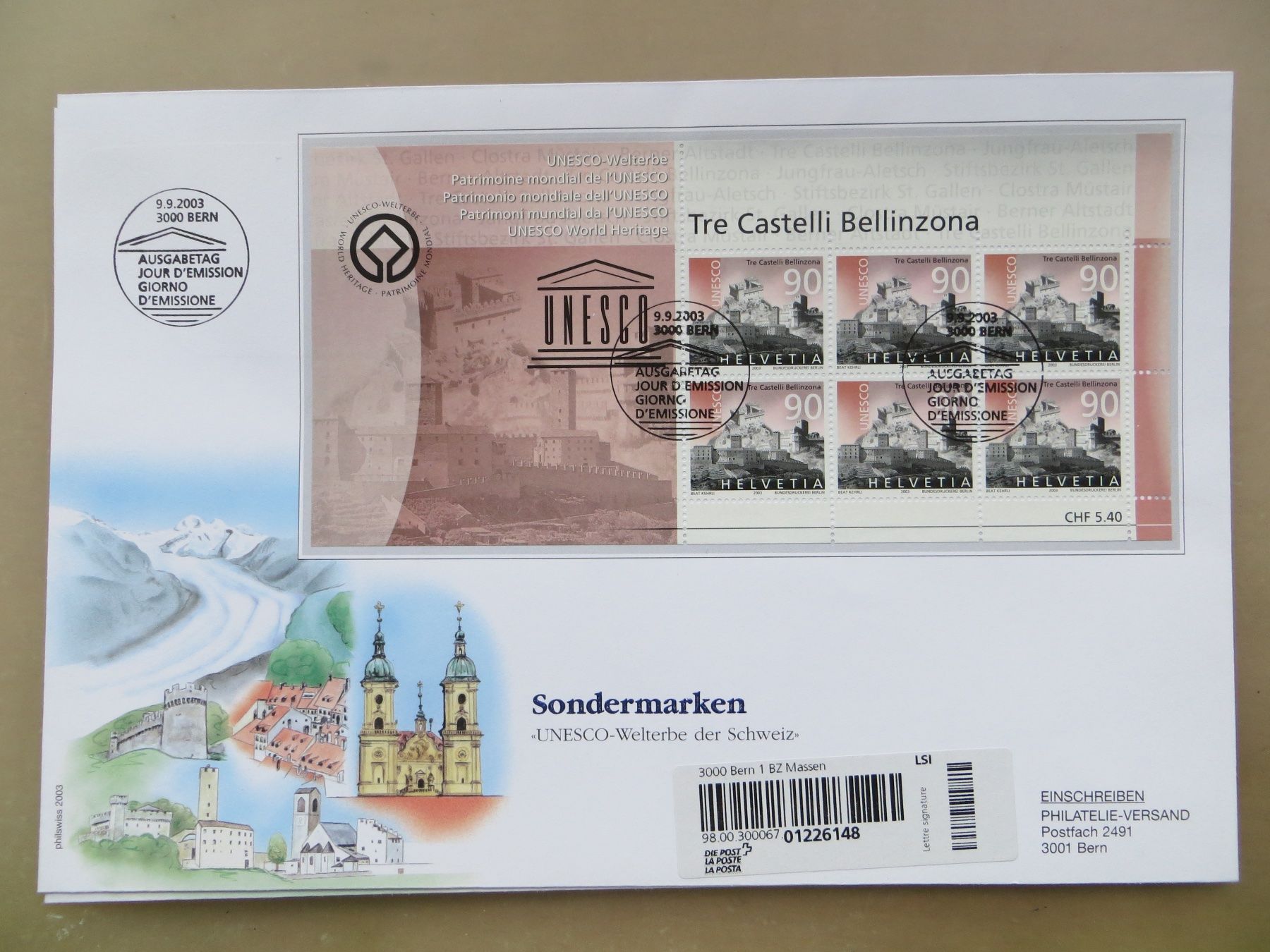 Tutti i francobolli: FDC-Serie Kleinbogen UNESCO-Welterbe Schweiz 2003 – Nuovo (secondo la descrizione) da Basel venduto da 8013 3