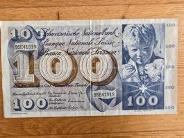 Banknote CHF 100.- / 1 Stück "98E41919" , 5. Serie (1957)