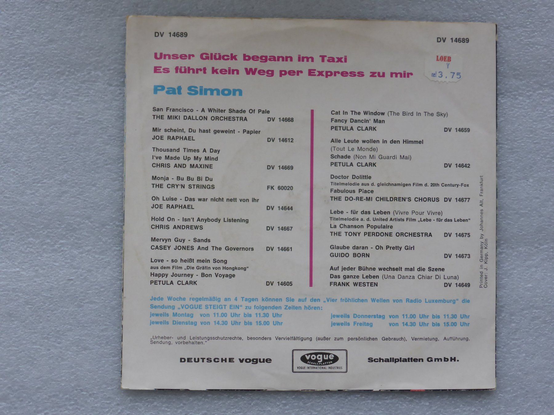 Schallplatten: Vinyl Single   PAT SIMON – Gebraucht aus Küssnacht am Rigi von Mondkinder 3