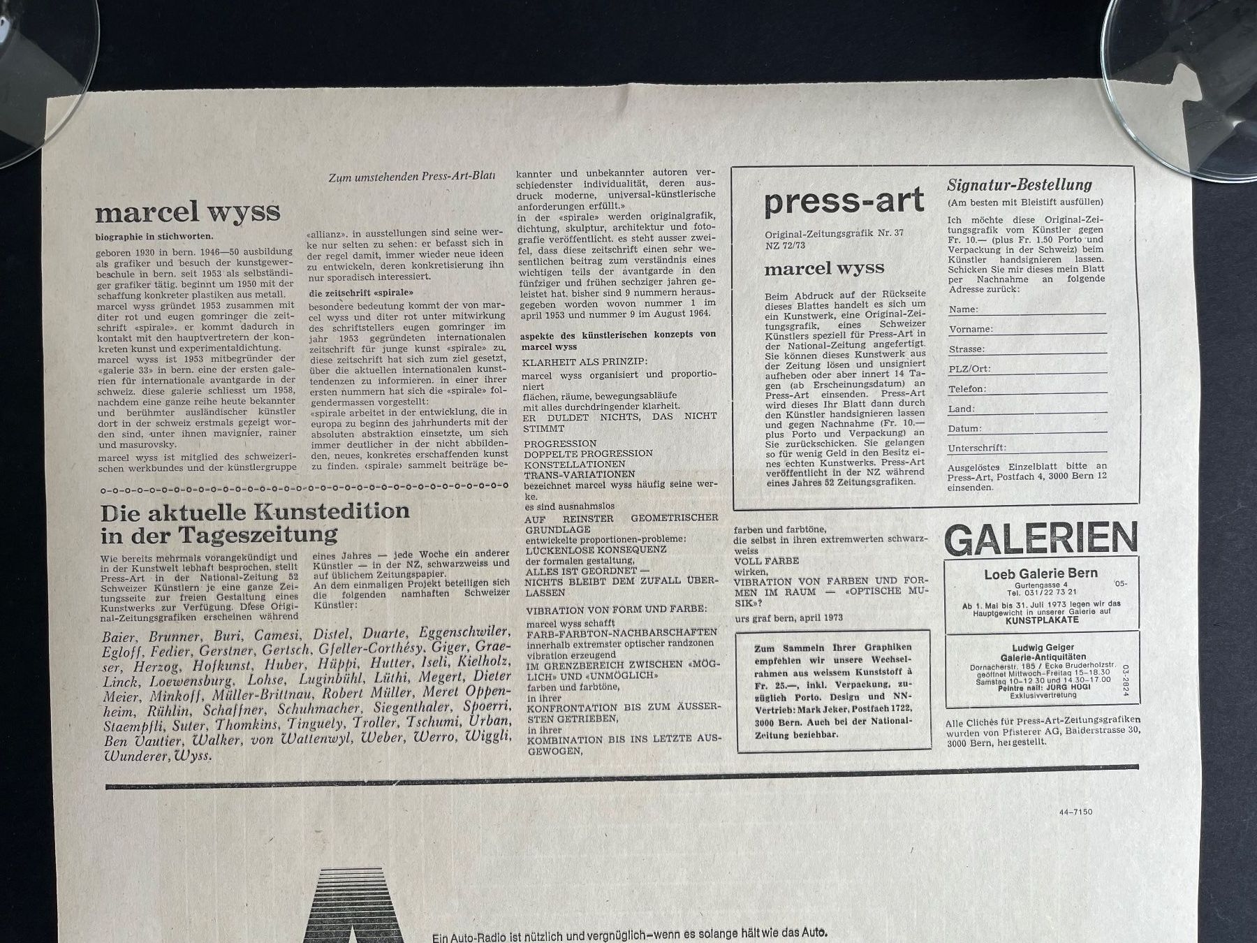 Grafica & Litografie: Marcel Wyss, press art, 1973, Zeitungspapier, handsigniert – Usato da Wettingen venduto da Bonanza69 3