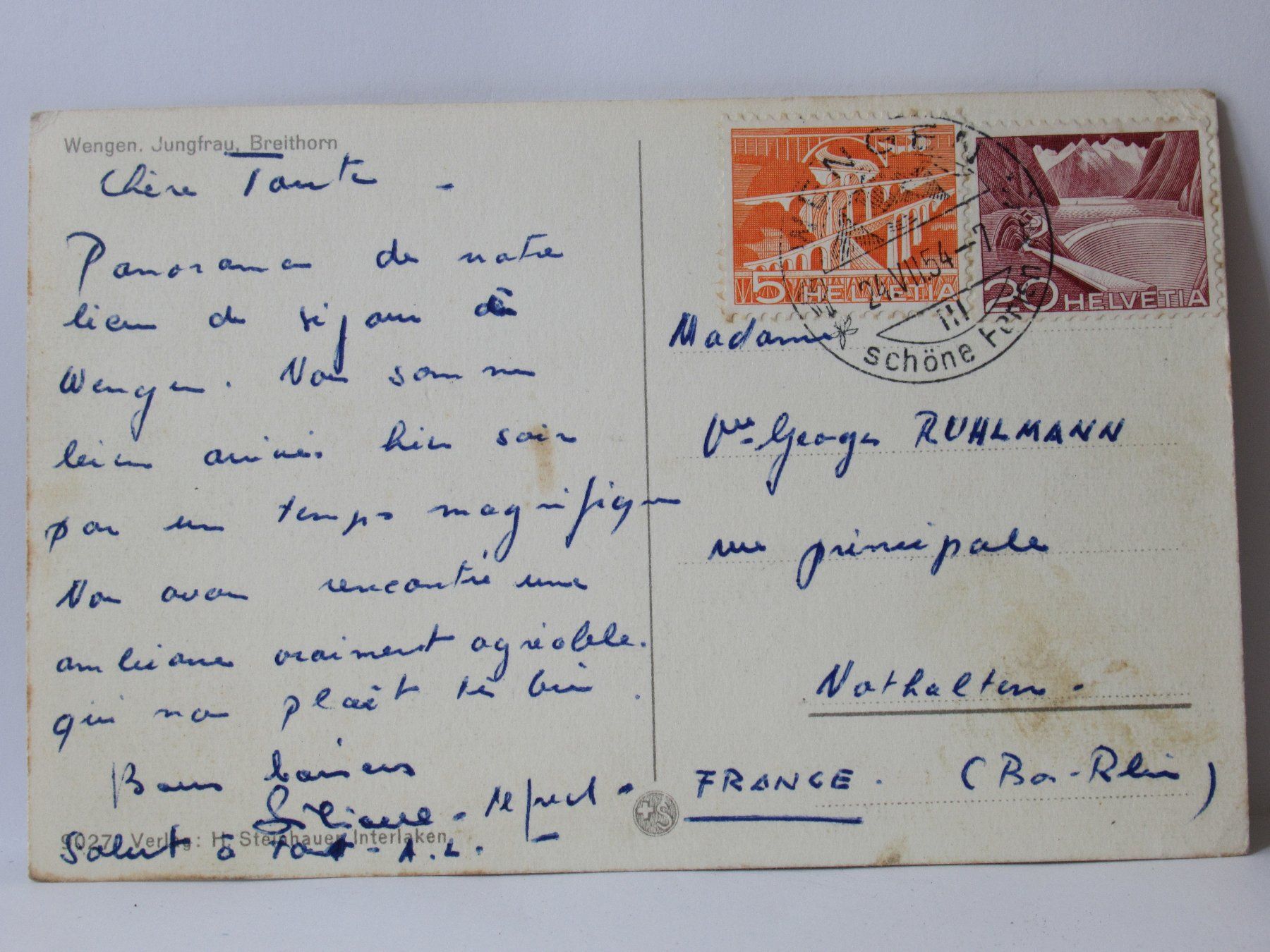 Cartes postales: Wengen , Jungfrau & Breithorn  1954 – D'occasion à Grenchen par Bluemchen1900 1