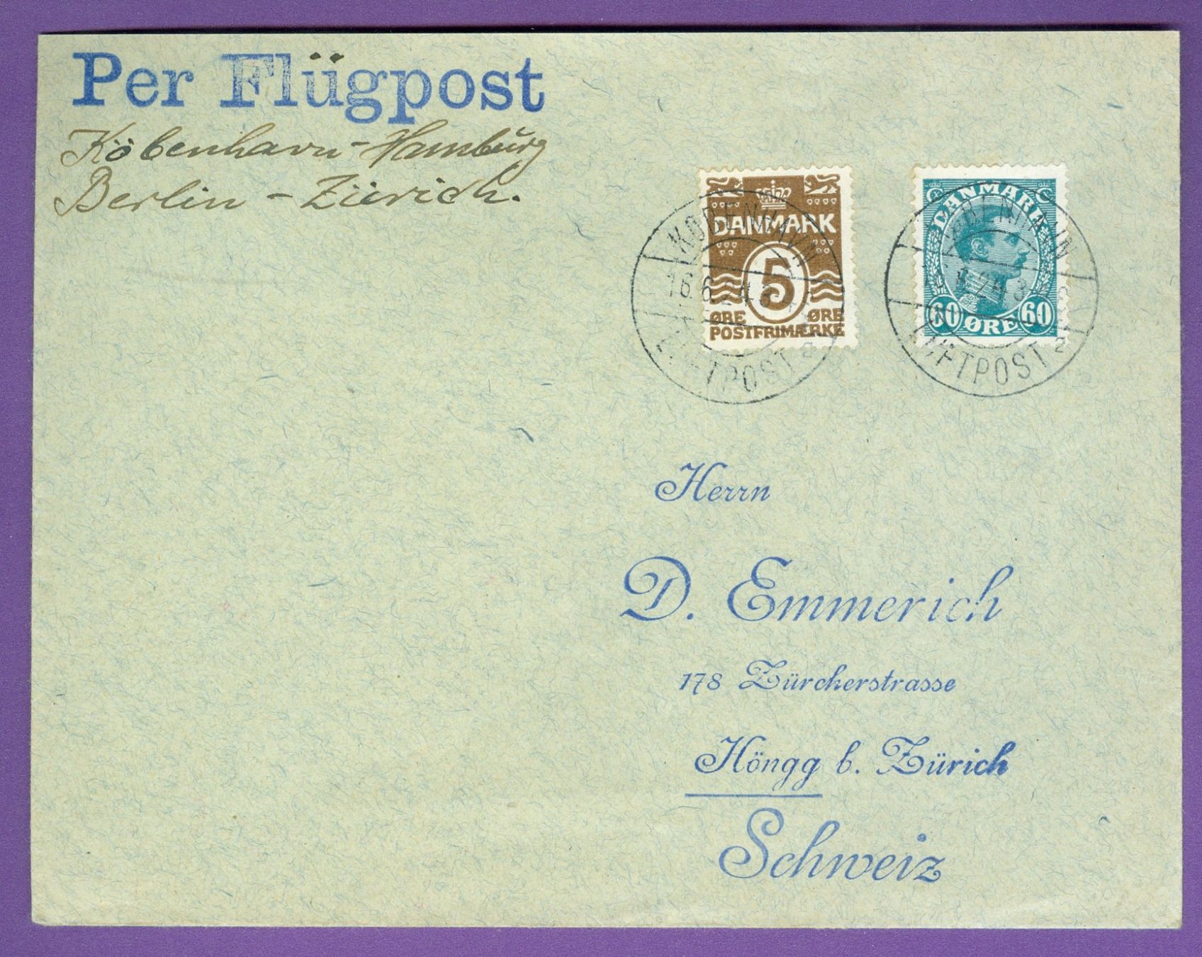 Alle Briefmarken: 1924 Dänemark Flugpost FF – Gebraucht aus Zürich von yago-rot
