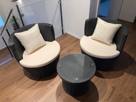 Balkonset Poly Rattan 2 Sessel 1 Tisch mit Kissen