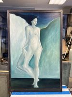 Tableau ancien: Femme nue mystérieuse, ambiance bleutée