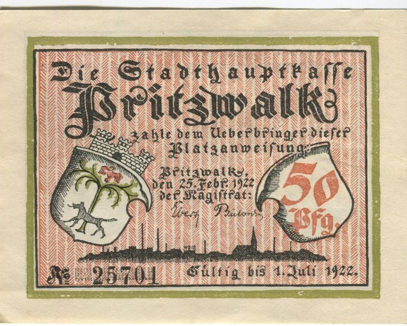 Banconote: Notgeld "50 Pfennig.  Pritzwalk 1922" – Usato da Basel venduto da Butsch5 1