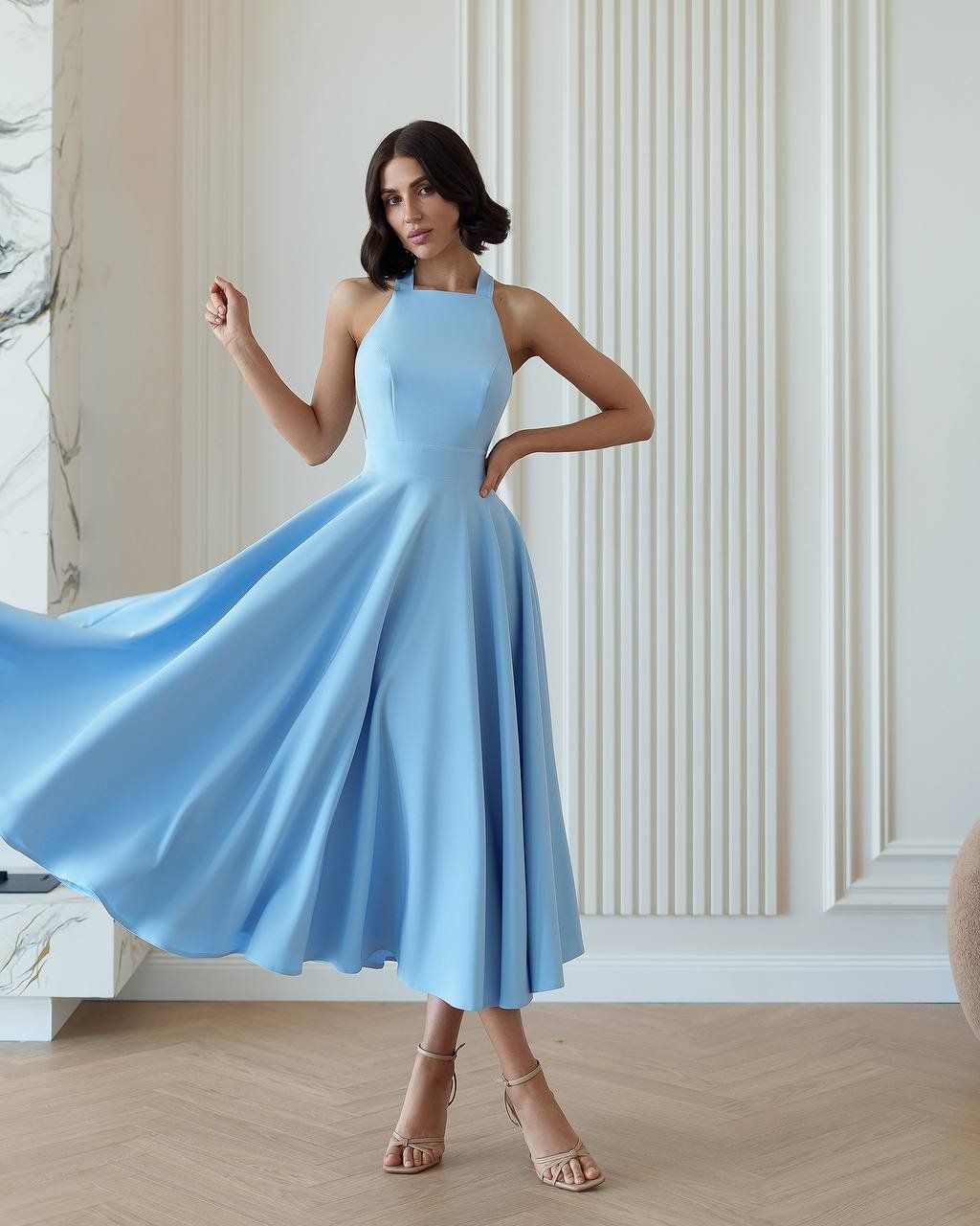Vestiti: Blue Elegant Midi Dress with Bow Size: L – Nuovo e nell'imballaggio originale da Zürich venduto da Ms.Me-Fashion 7