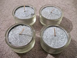 4x Glas Schale Kerzen Halter +Maxi Glitzer Teelichter SILBER