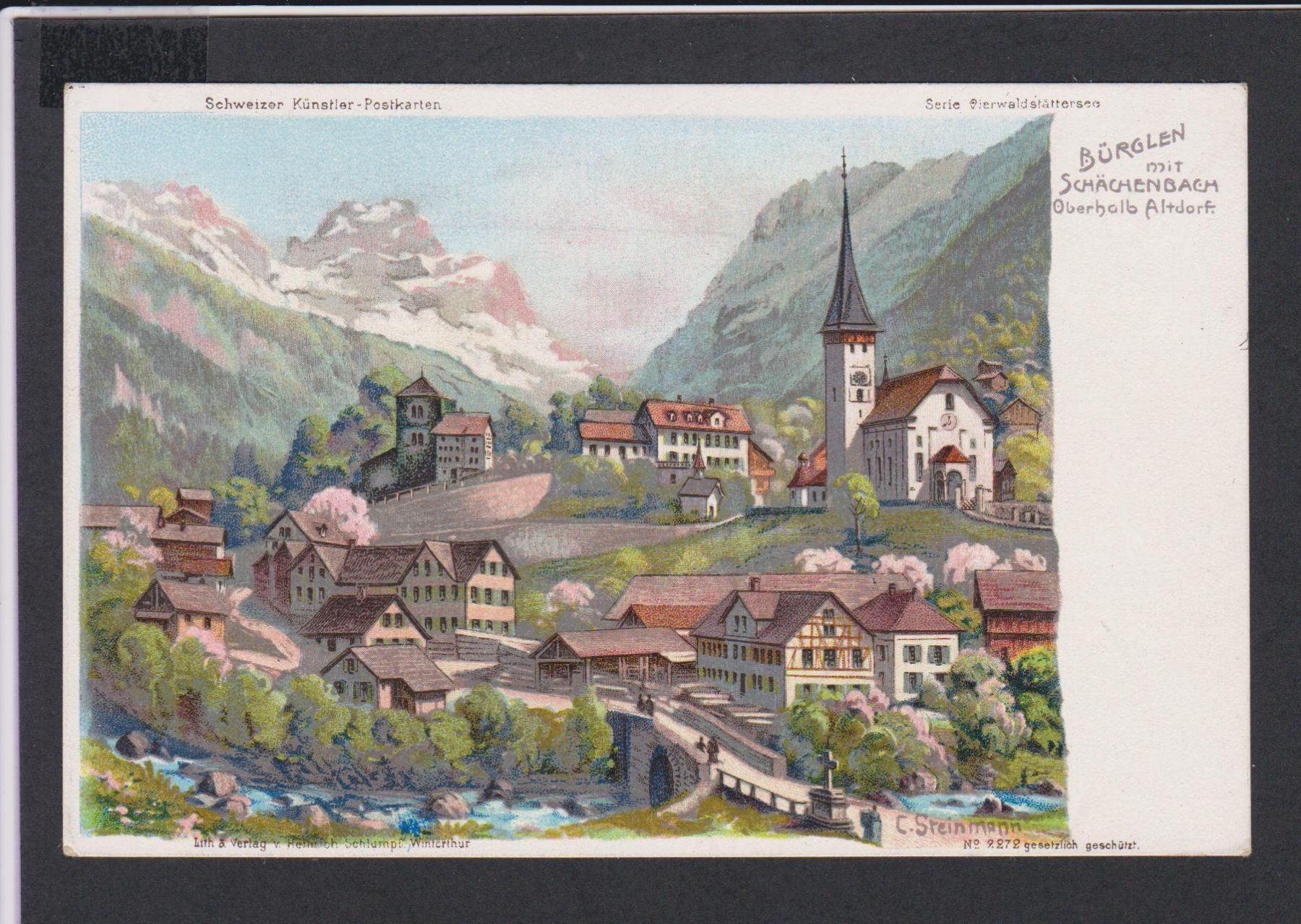 Cartoline postali: Bürglen  UR   -   alte Steinmann-Litho - Ansichtskarte ** – Usato da Vitznau venduto da Ropaku