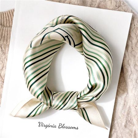 New 53cm 100% Silk Scarf, Stripes Green Cream Scarf, Lines