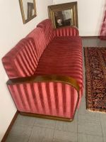 Canapé vintage velours rayé rose, rangement en bois massif