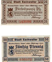 Eschweiler 25+50 Pfennige ohne Stempel 01.11.1918 VZ++-UNZ