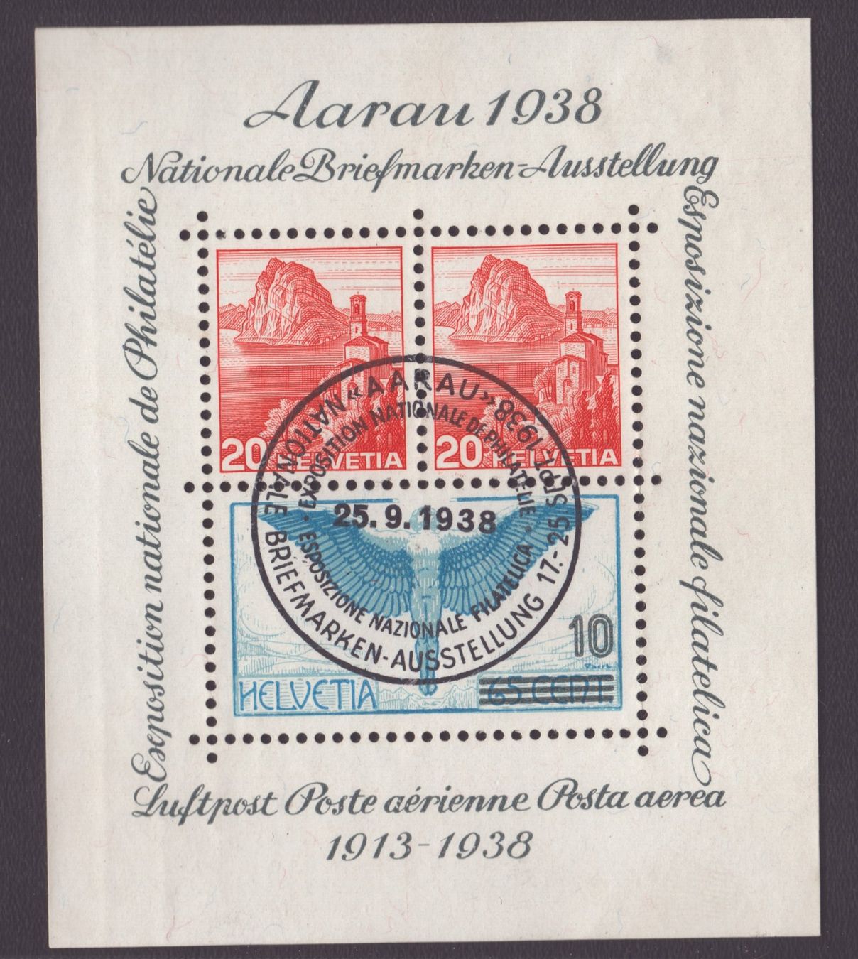 Tutti i francobolli: 1938 Bloc Aarau W11obl 25.9.1938 – Usato da Delémont venduto da Silte