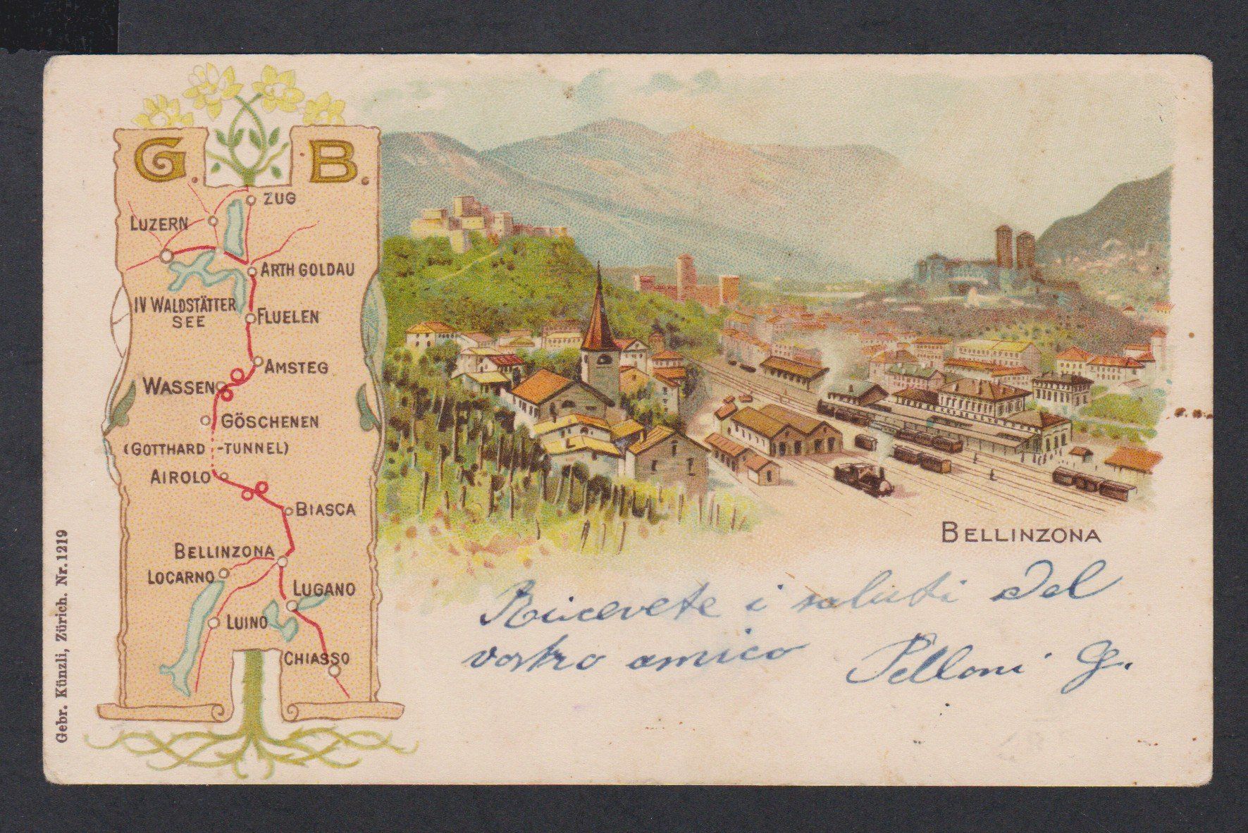 Cartoline postali: Bellinzona  Bahnhof   :   alte Litho-Ansichtskarte von 1908 – Usato da Vitznau venduto da Ropaku