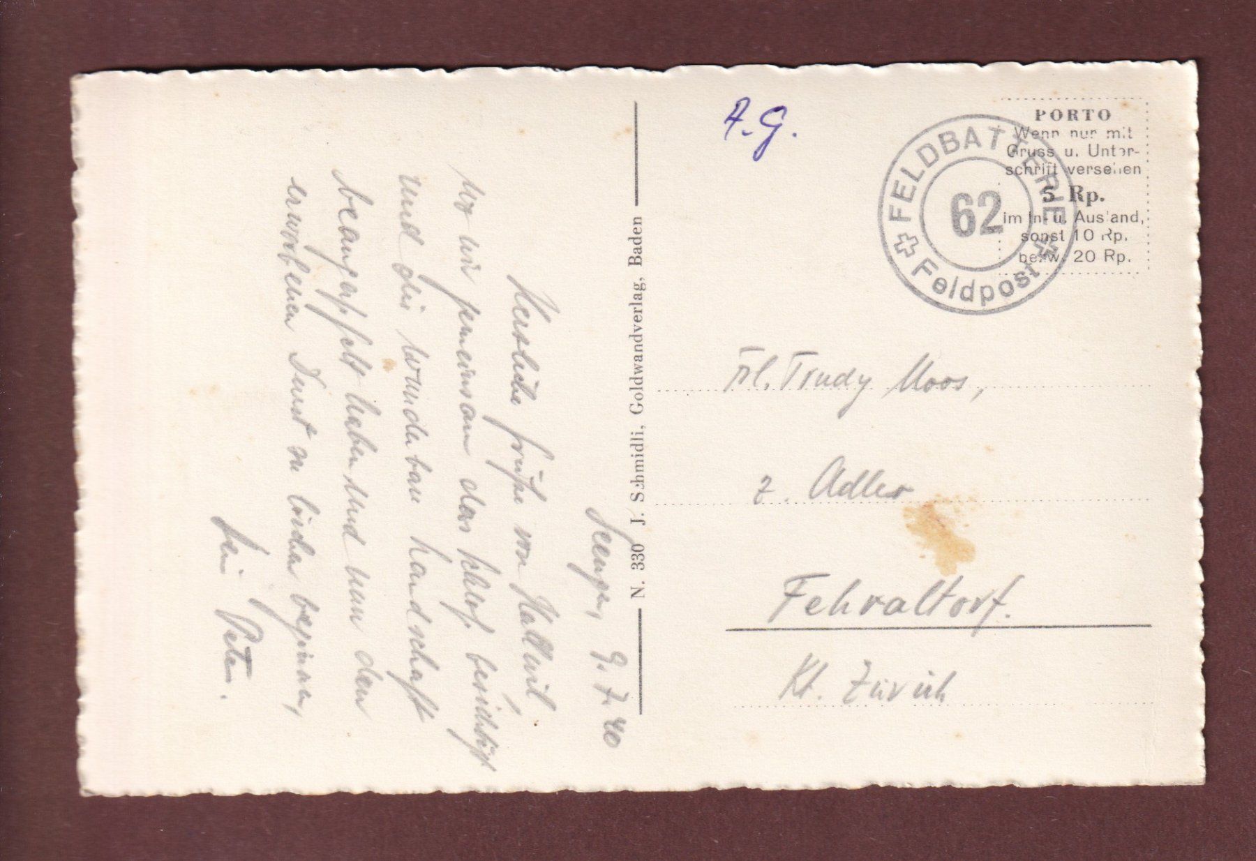 Cartoline postali: Schloss HALLWIL - 1940 Feldpost – Usato da Pully venduto da nicecards-shop 1