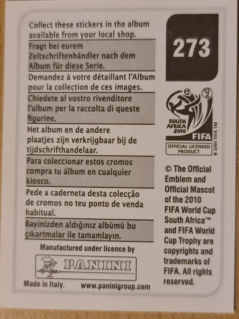 Panini Carte collezionabili: Panini WM 2010 Nr. 273 – Nuovo (secondo la descrizione) da Dintikon venduto da Prime-shop 1