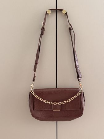 Chic Burgundy Brown Shoulder Bag with Gold Chain Detail 