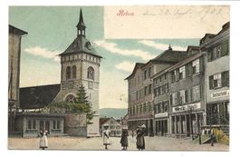 Arbon (TG) Stadtzentrum mit Kirche und Gasthof Krone - 1903