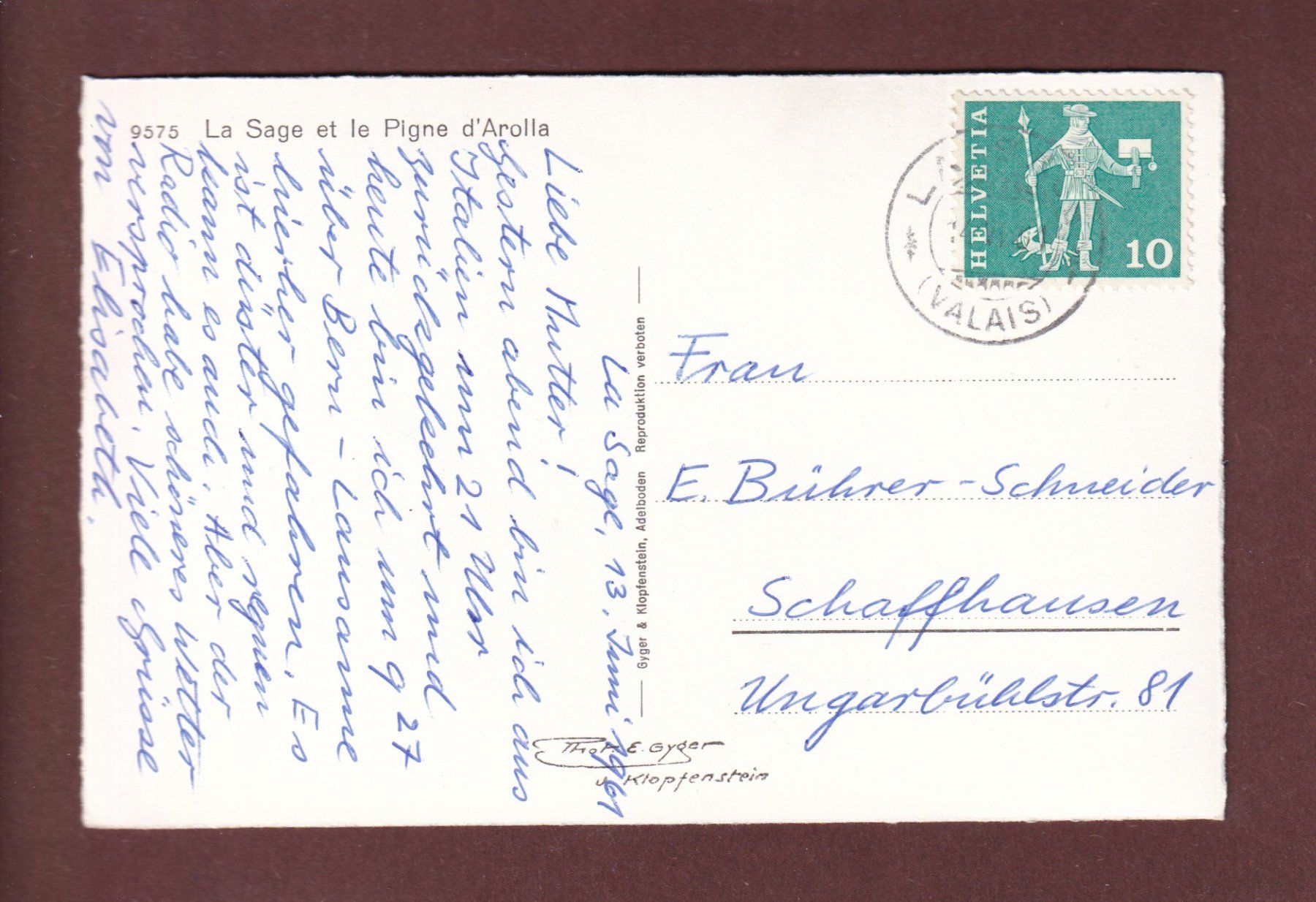 Cartoline postali: LA SAGE - Pigne d'Arolla - 1961 – Usato da Pully venduto da nicecards-shop 1
