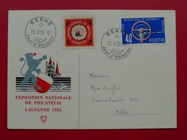 1955: Nr.323 auf FDC-KARTE mit Vignette EXPO LAUSANNE sauber