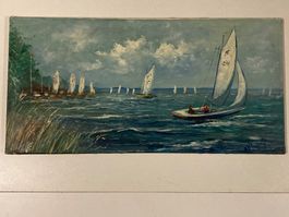 Landschaftsgemälde signiert mit Segelbooten, Hafen auf See