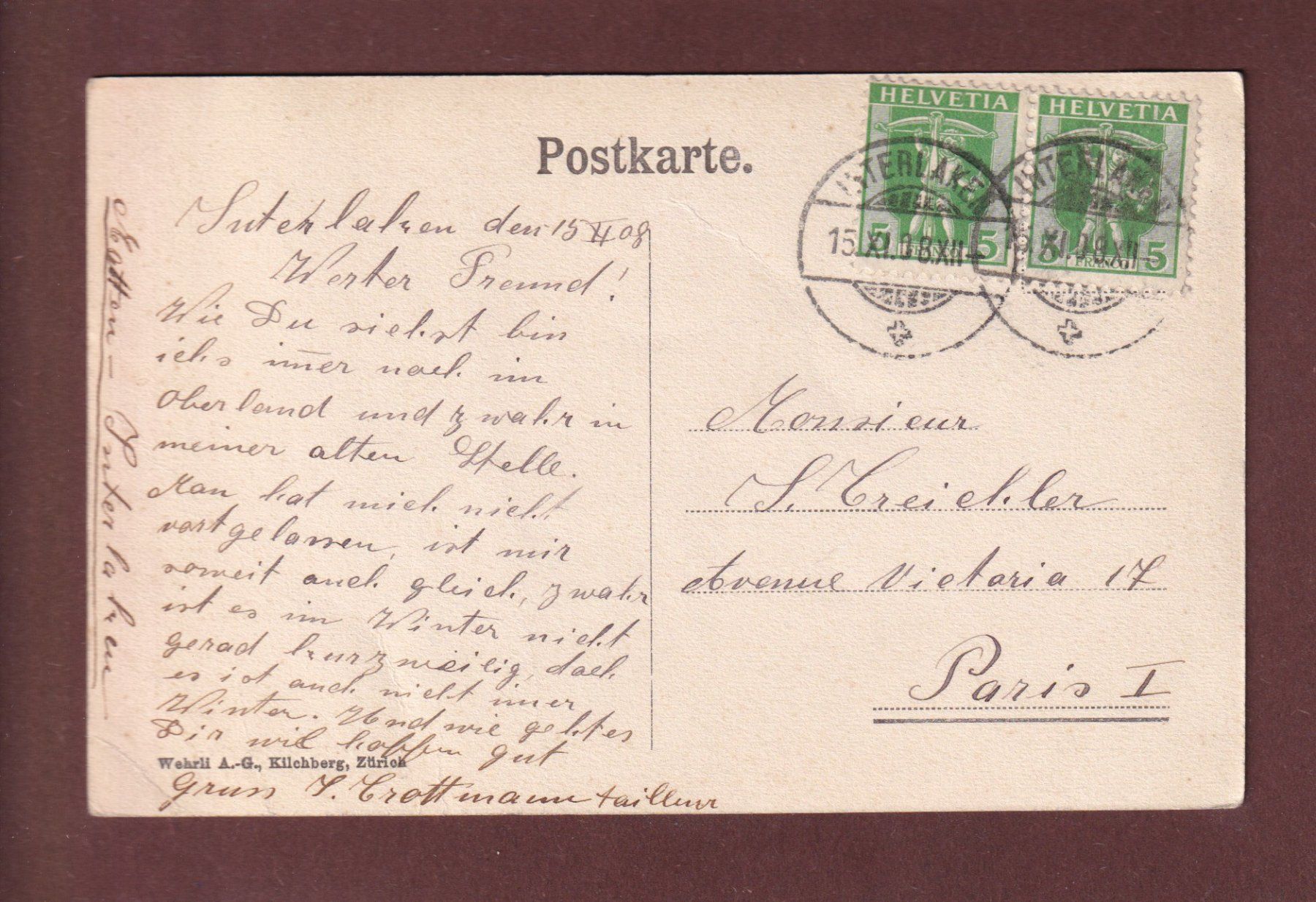Cartoline postali: INTERLAKEN - Unterseen unter Schnee - 1908 // Eckbug // – Usato da Pully venduto da nicecards-shop 1