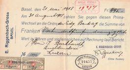 Wechsel mit 2 Fiskalmarken , E.Riggenbach-Gross Basel , 1918
