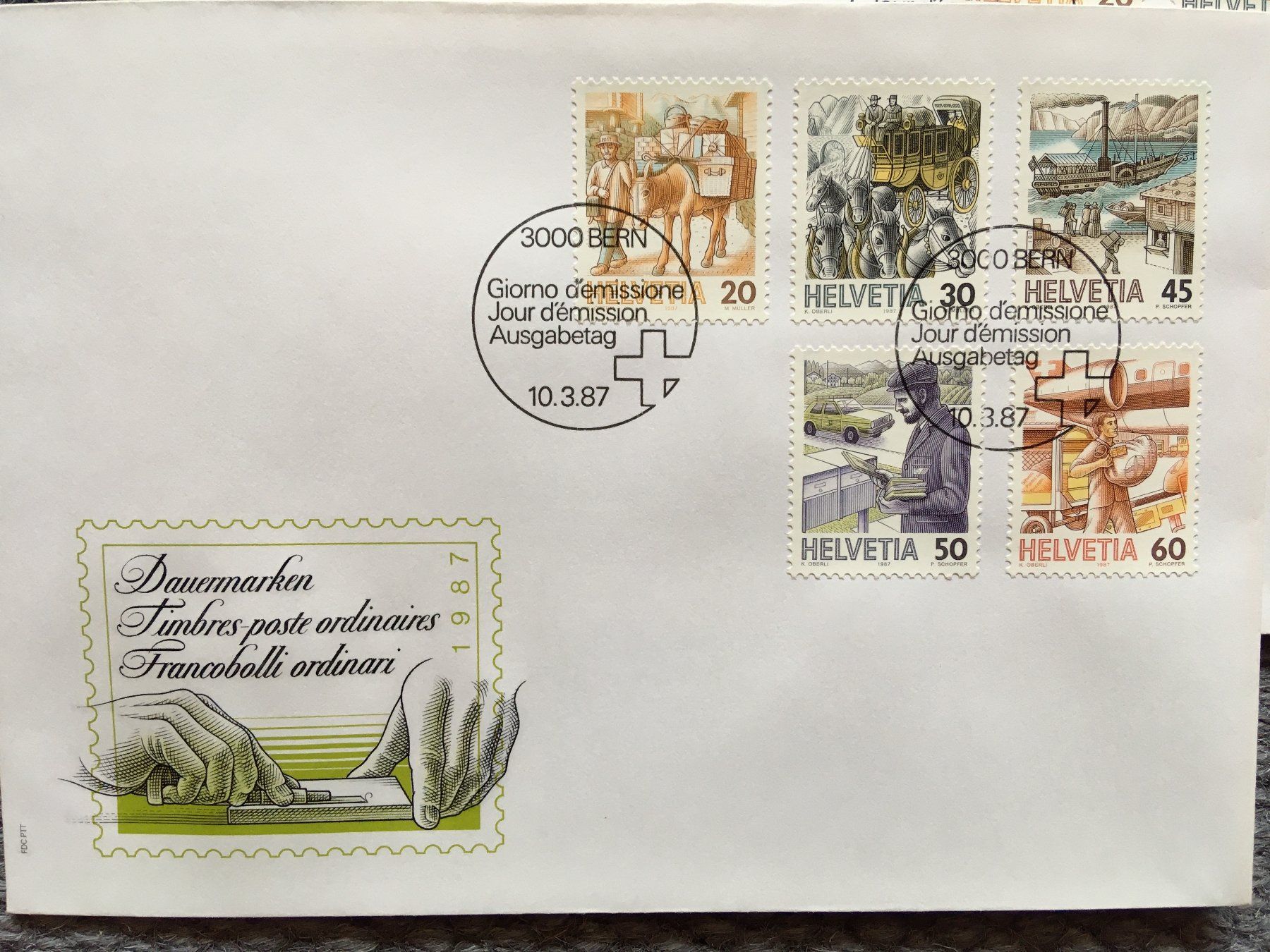 Tutti i francobolli: Postbeförderung 1987 auf FDC - 5x – Usato da Nesslau venduto da andi_hon