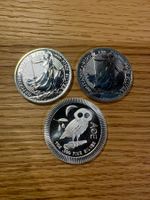 3 Silbermünzen Britannia und Eule 3 Unzen gebraucht