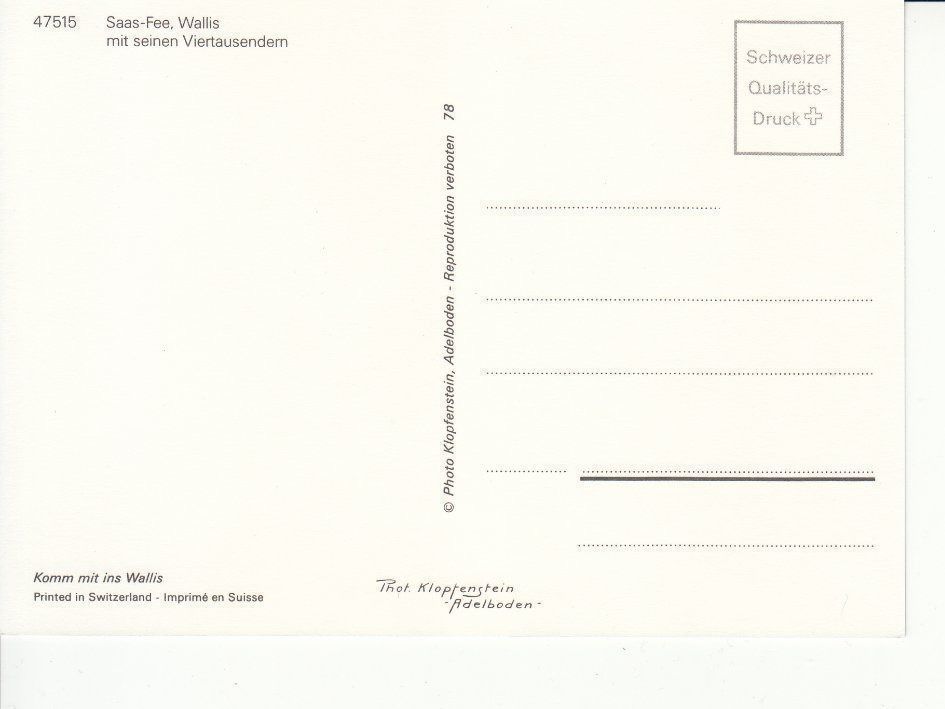 Cartoline postali: Saas Fee 1 um 1995 – Usato da Bürglen TG venduto da StampGraf 1