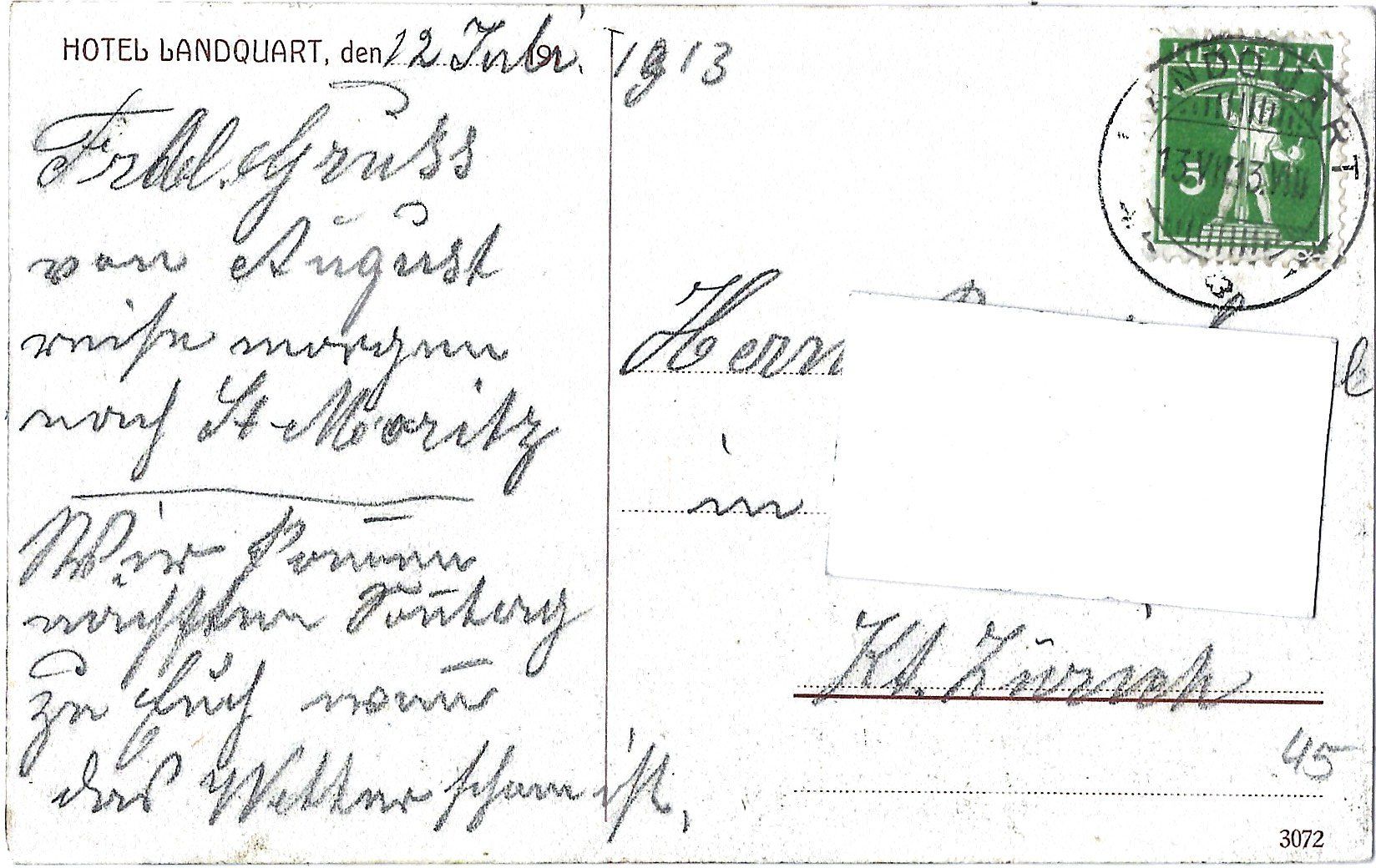 Cartoline postali: Hôtel  Landquart,  Graubünden,  Schweiz. – Usato da Bütschwil venduto da Jackson1A 1