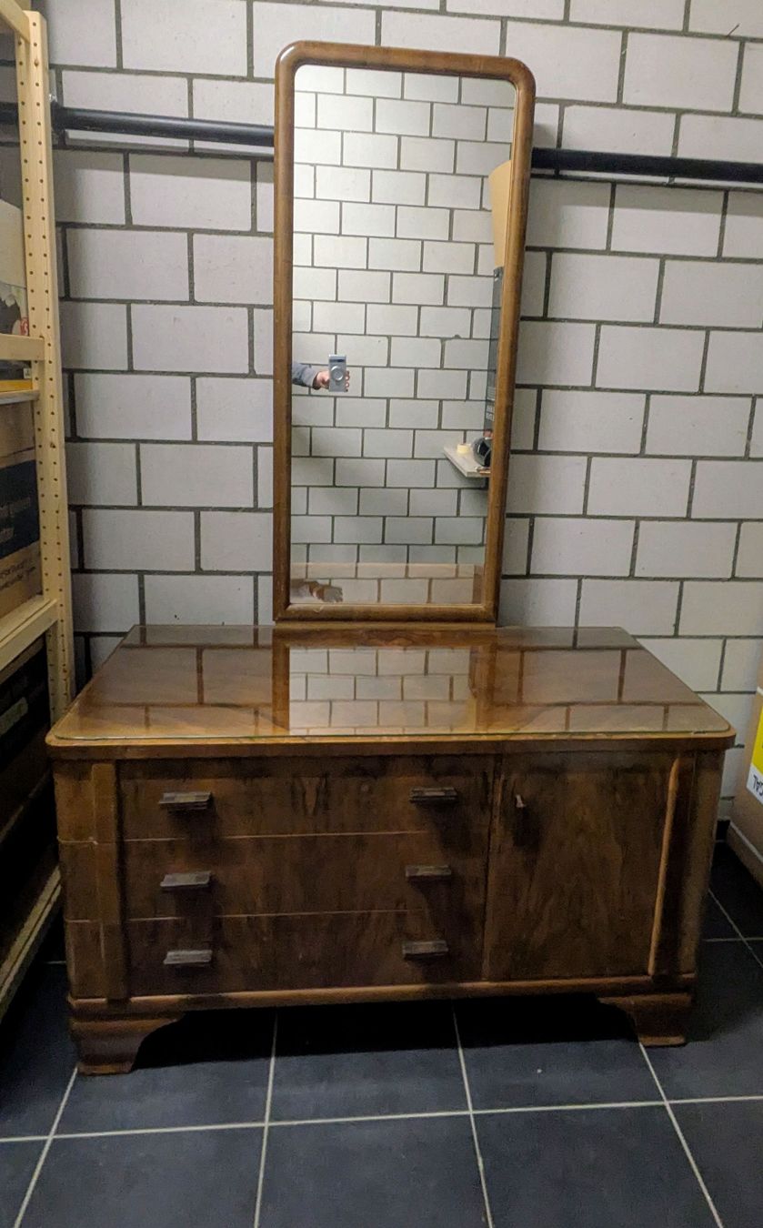 Vintage Frisierkommode mit Spiegel und Glasplatte, aus Holz (Gebraucht ...