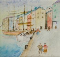 Hans Wollweber, Szene am Kai, Aquarell