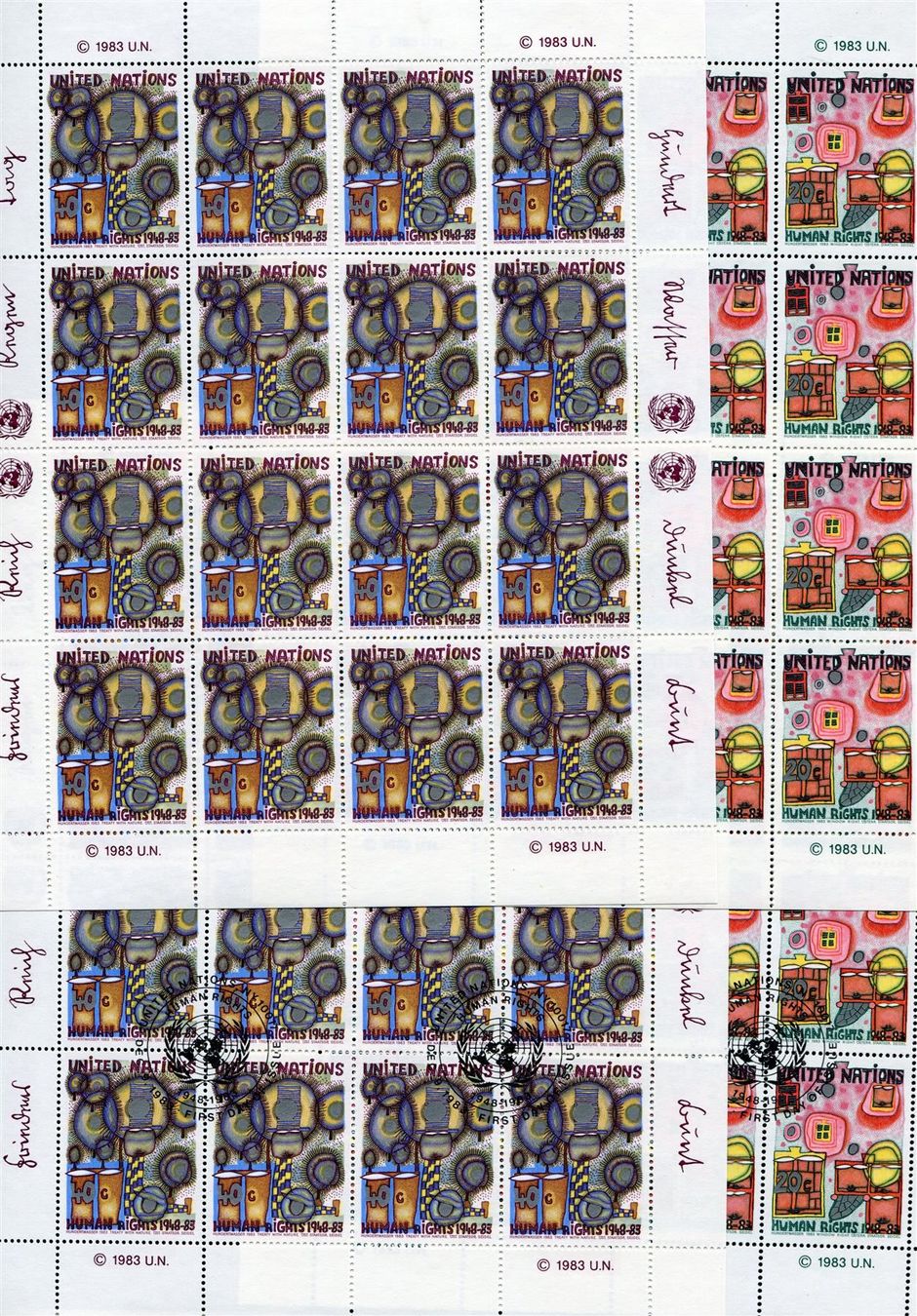 Tutti i francobolli: 1983 UNO NY Hundertwasser Bogen O/ ** – Usato da Winterthur venduto da Kyoung