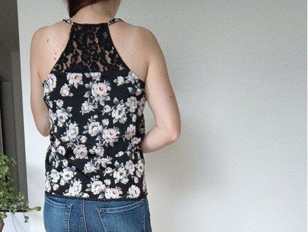 Black Floral summer Halter top with lace - Elegant and fresh