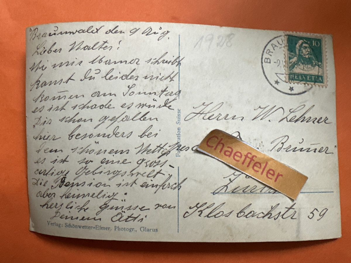 Cartoline postali: 1928 Braunwald, Kirchli mit Ortstock – Difettoso da Zürich venduto da Chaeffeler 2