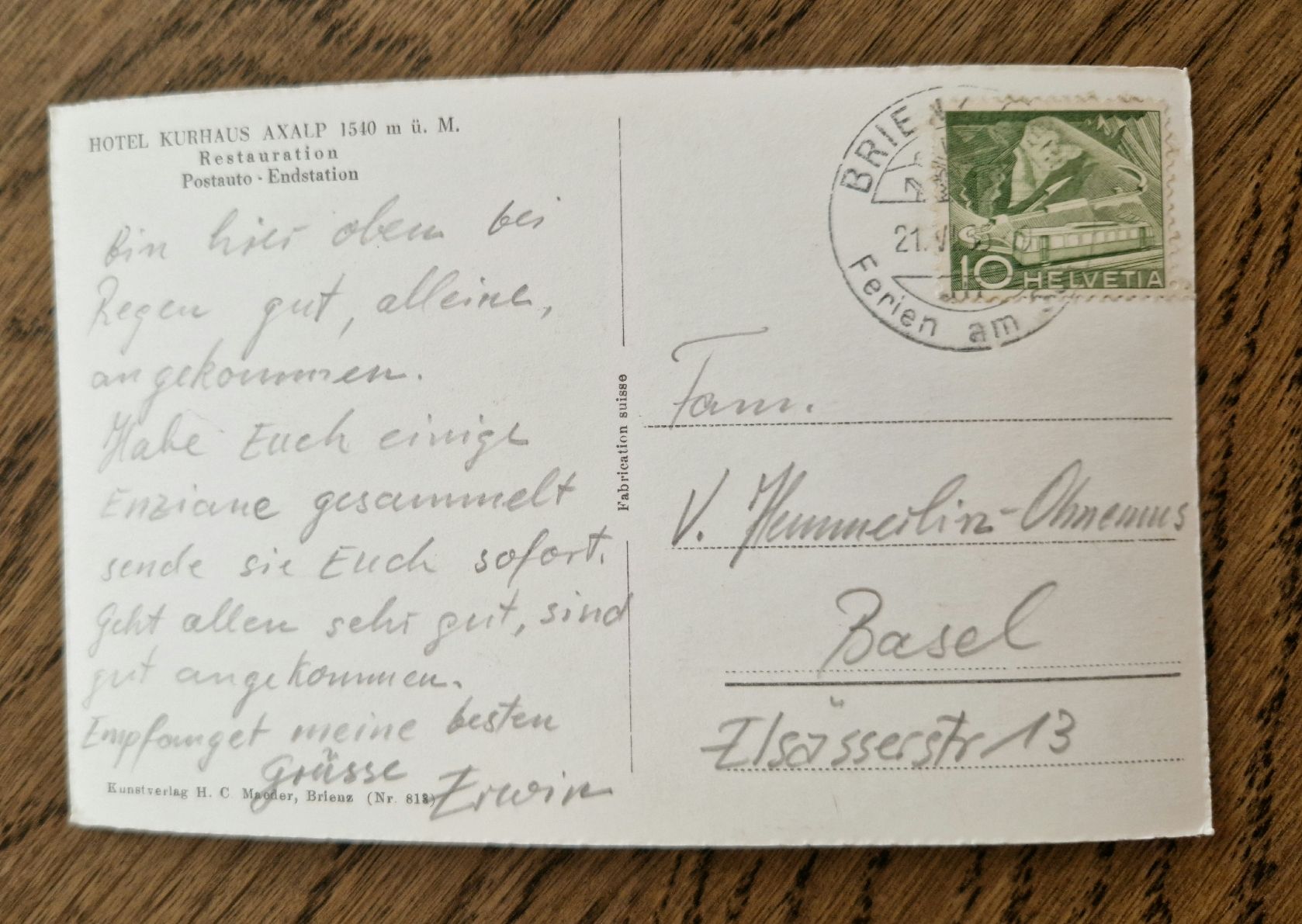 Cartoline postali: Hotel Kurhaus Axalp 1955 – Usato da Ebikon venduto da Donar50 1