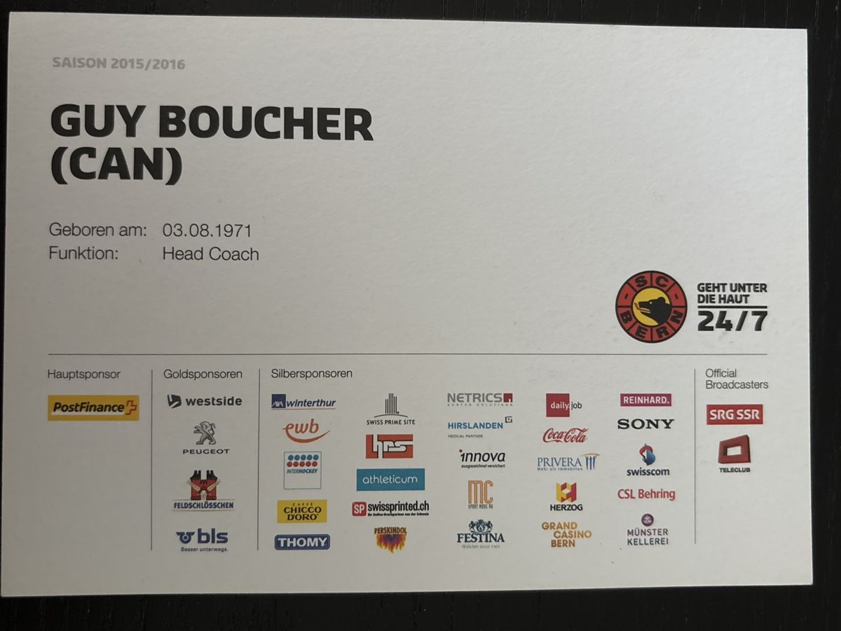 Autografi: Autogrammkarte SC Bern Guy Boucher Saison 2015/2016 – Usato da Uetendorf venduto da hoisle 1