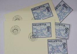 2 FDC St.Galler-Stickerei plus 3 x Marken