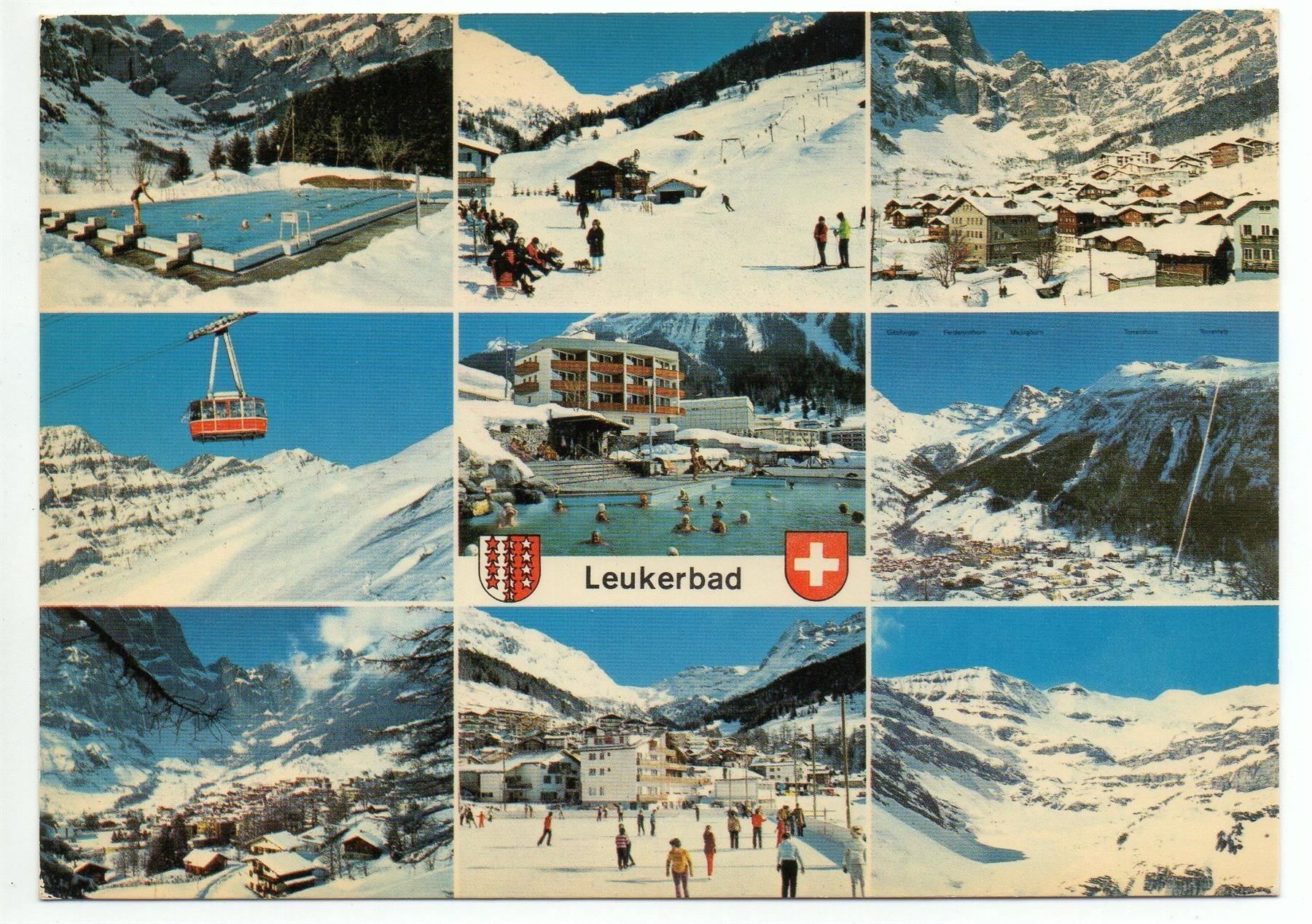 Cartoline postali: LEUKERBAD Thermalquellen - Skilift - Eisfeld - Luftseilbahn – Usato da Jona venduto da philajona