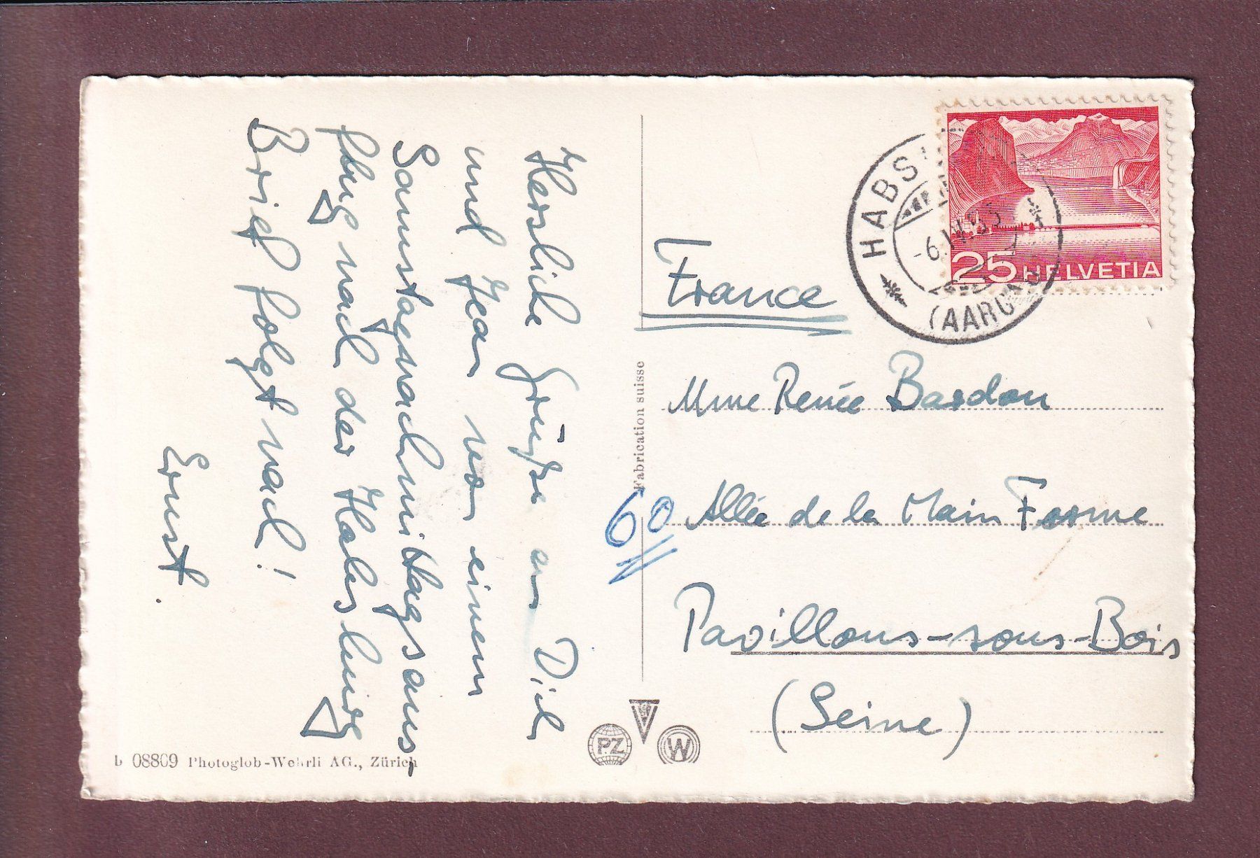 Cartoline postali: SCHLOSS HABSBURG - 1953 – Usato da Pully venduto da nicecards 1