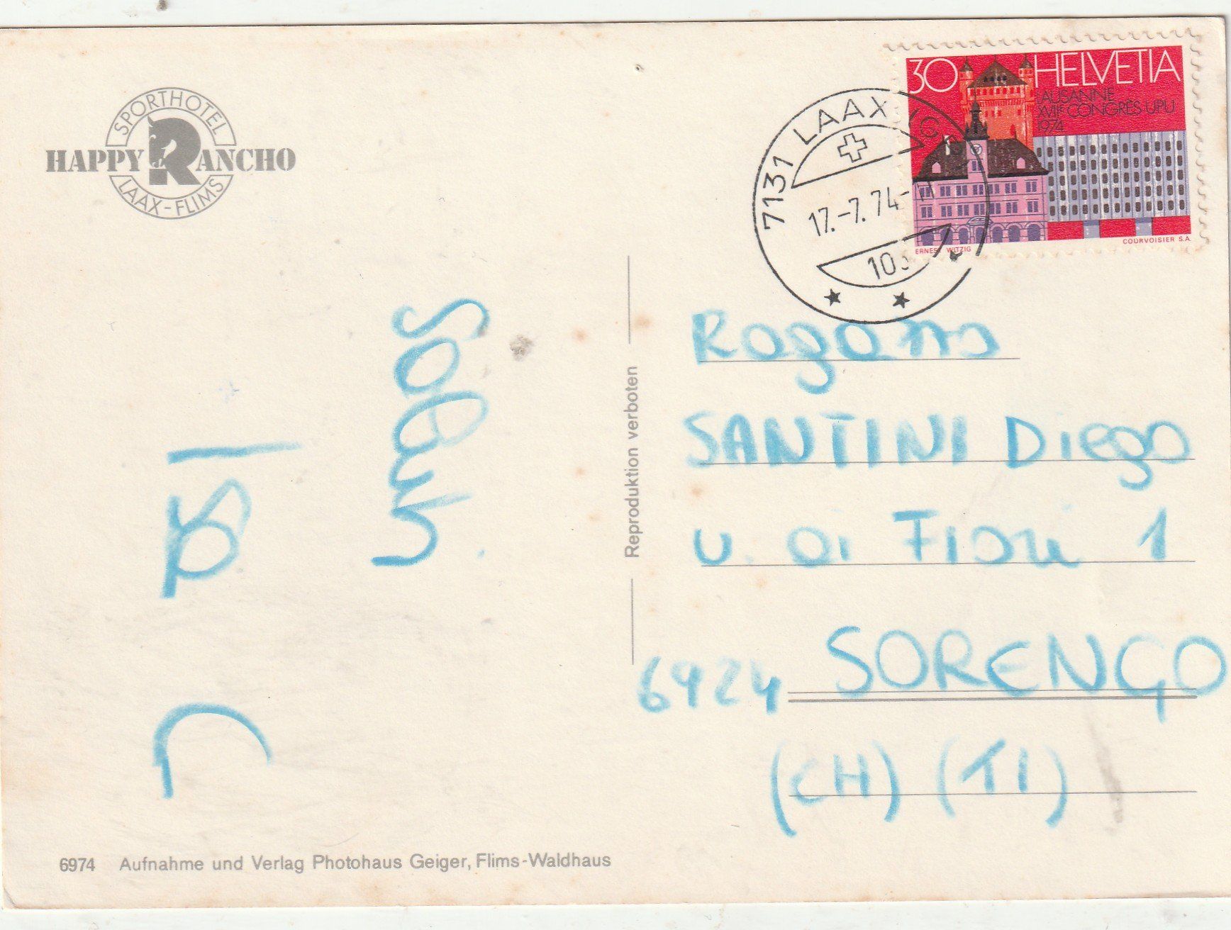 Cartoline postali: Laax Hootel Happy Rancho  1974 – Usato da Lumbrein venduto da made02 1