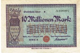 Köln 10 Mil.Mark Serie A 09.08.1923 WZ Rheinische WellenVZ++