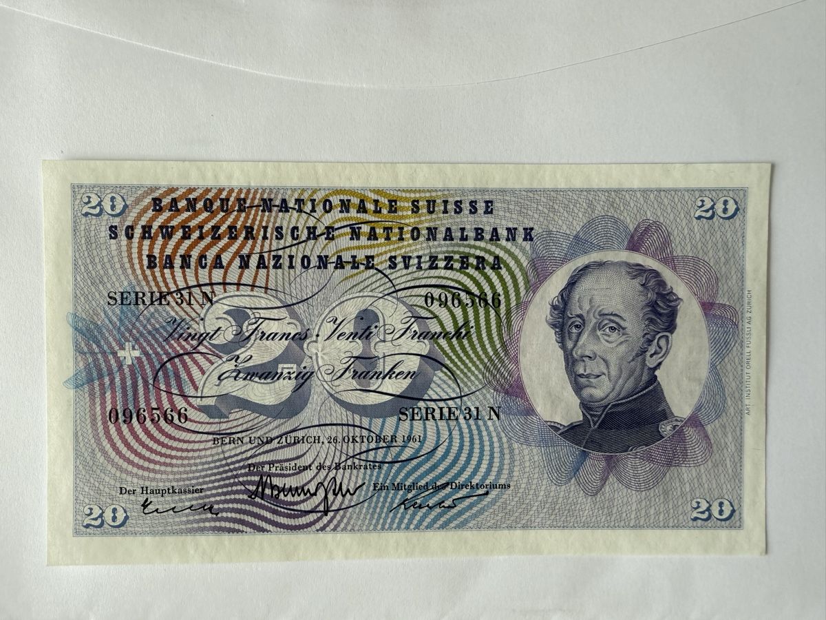Banknoten: Billet Fr. 20.- /1961 - Bankfrisch – Neu (gemäss Beschreibung) aus Chapelle-sur-Moudon von Chamard78