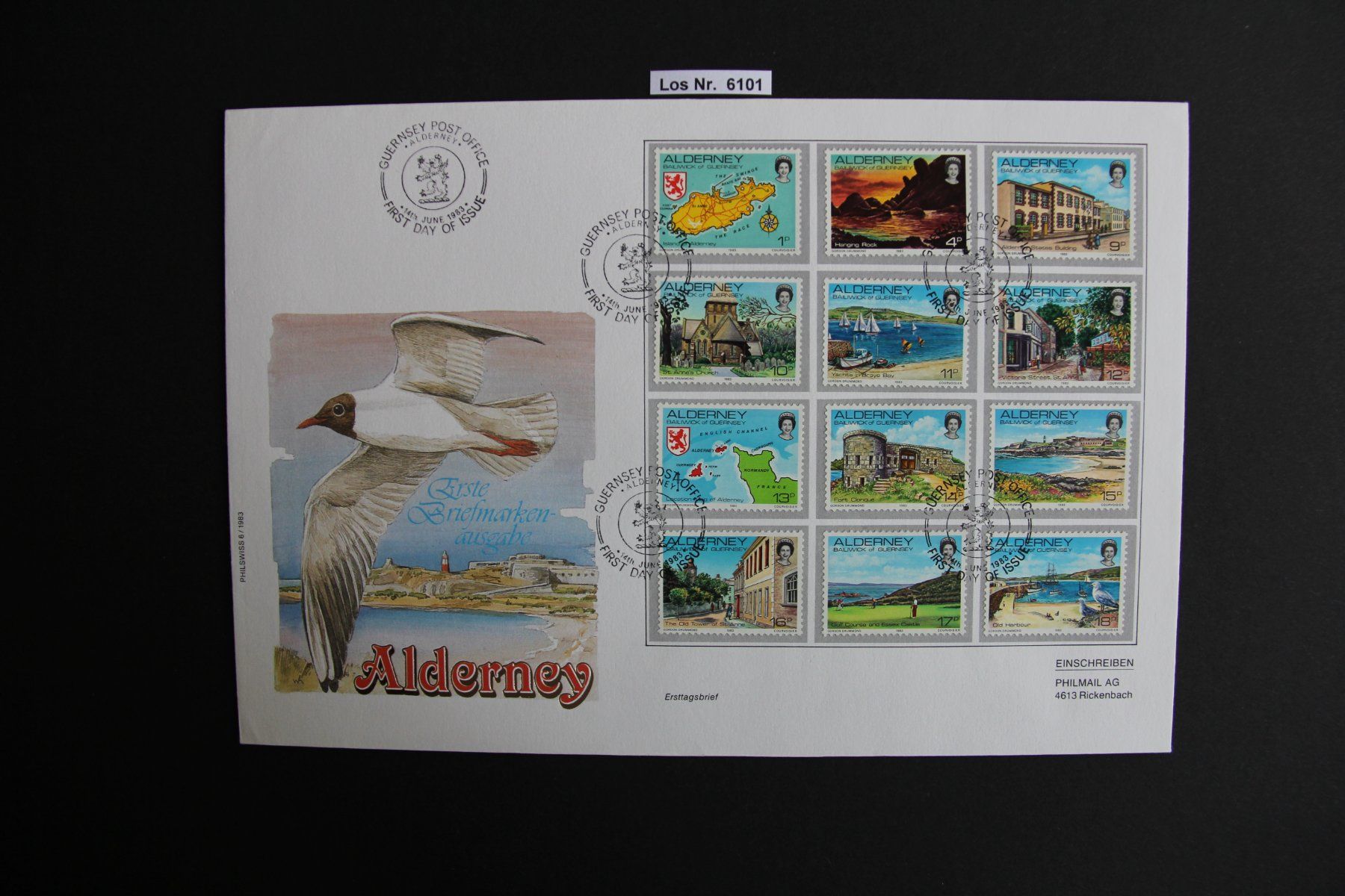 Tutti i francobolli: Luxusbrief ET Alderney 1983                         Los 6101 – Usato da Volken venduto da jukon65
