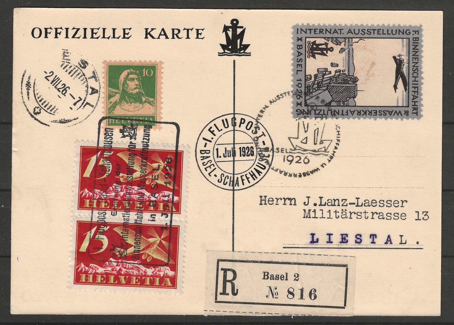 Alle Briefmarken: 1926 : 1. Flugpost Basel - Schaffhausen mit Vignette – Gebraucht aus Gümligen von Geniusbuy