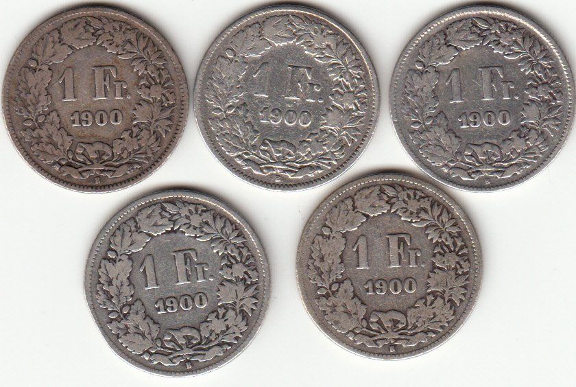 Tutti le monete: Lot -- 5 x 1 Franken 1900 – Usato da Gossau SG venduto da Gallus00