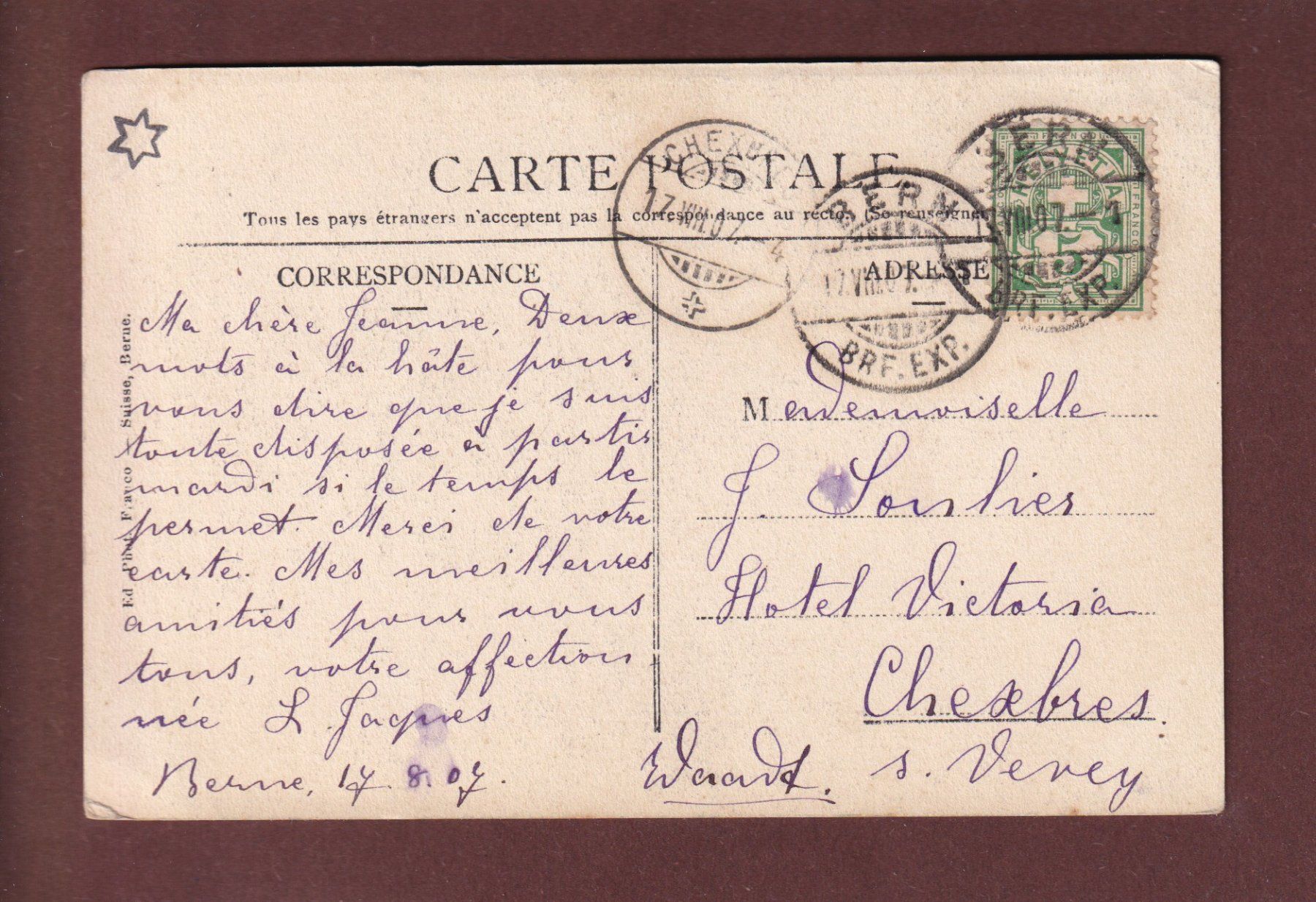 Cartoline postali: BERN - Simsonbrunnen - Gerechtigkeitsgasse - 1907 – Usato da Pully venduto da nicecards 1
