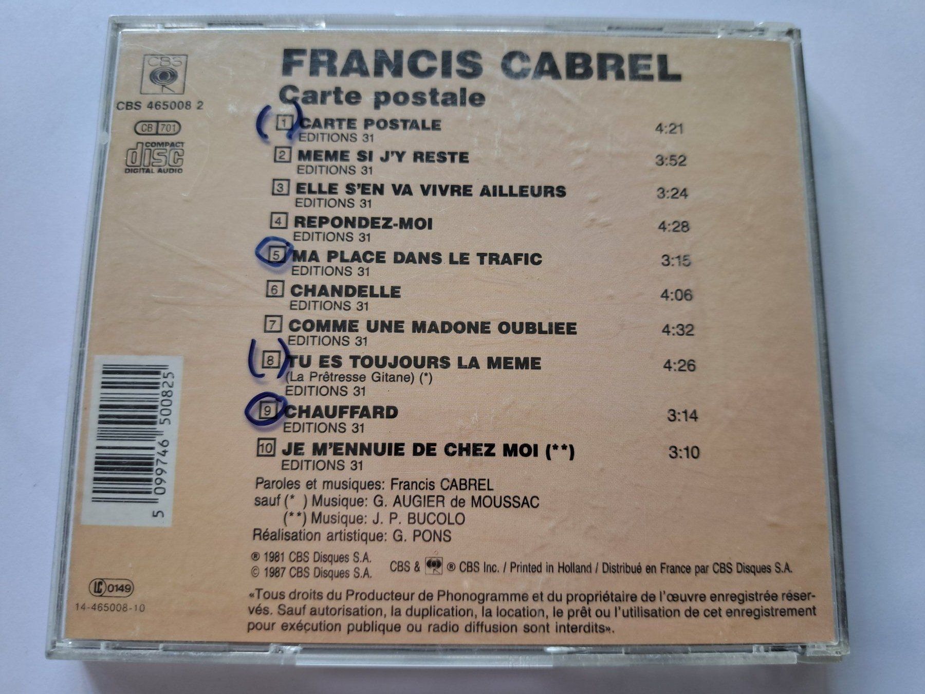 CDs: Cd Francis Cabrel - Carte postale  – Gebraucht aus Pully von bro_n52j 1