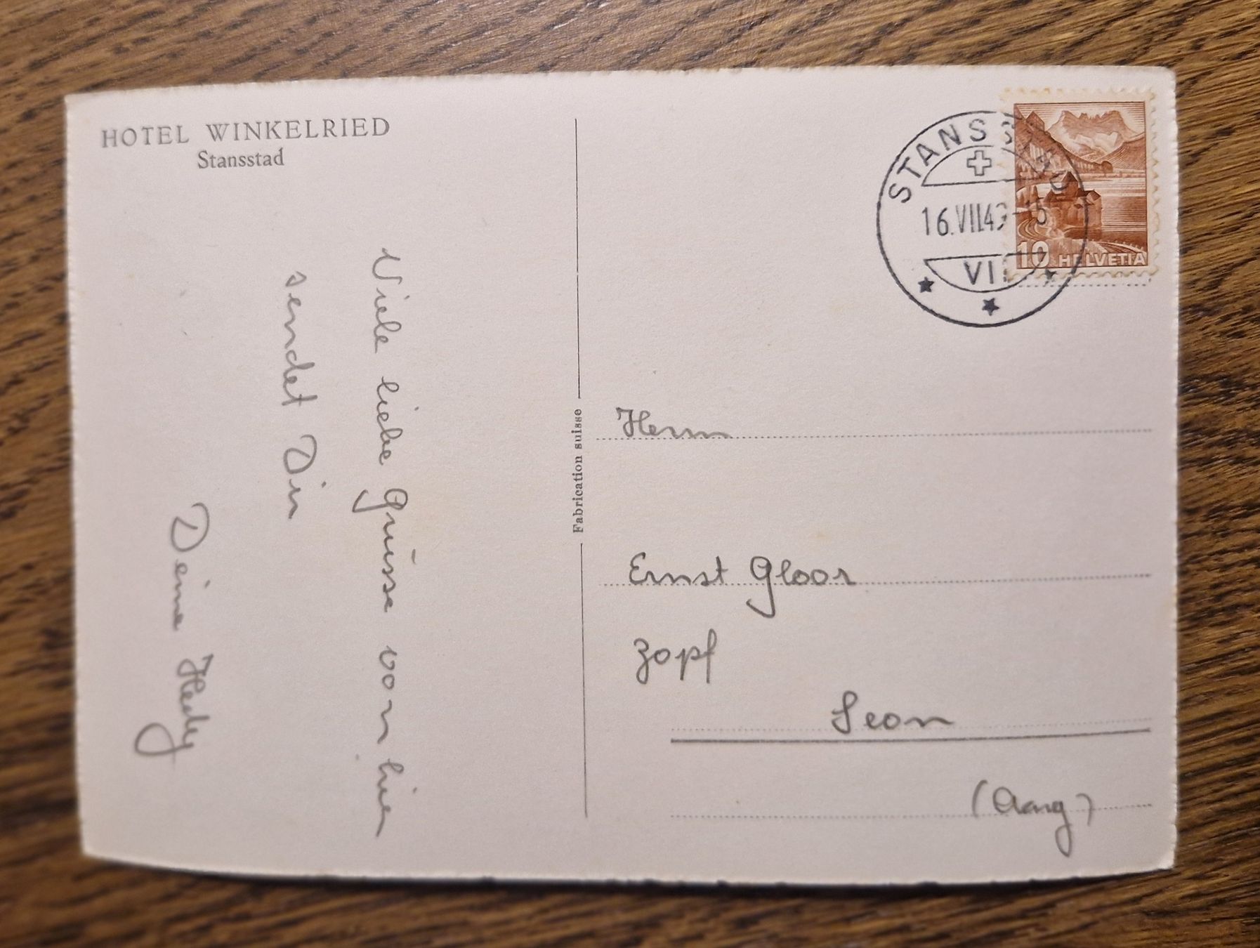 Cartoline postali: Hotel Winkelried, Dampfschiff, Stansstaf 1949 – Usato da Ebikon venduto da Donar50 1