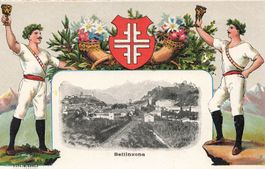 Bellinzona TI saluto stemma e panorama Litho